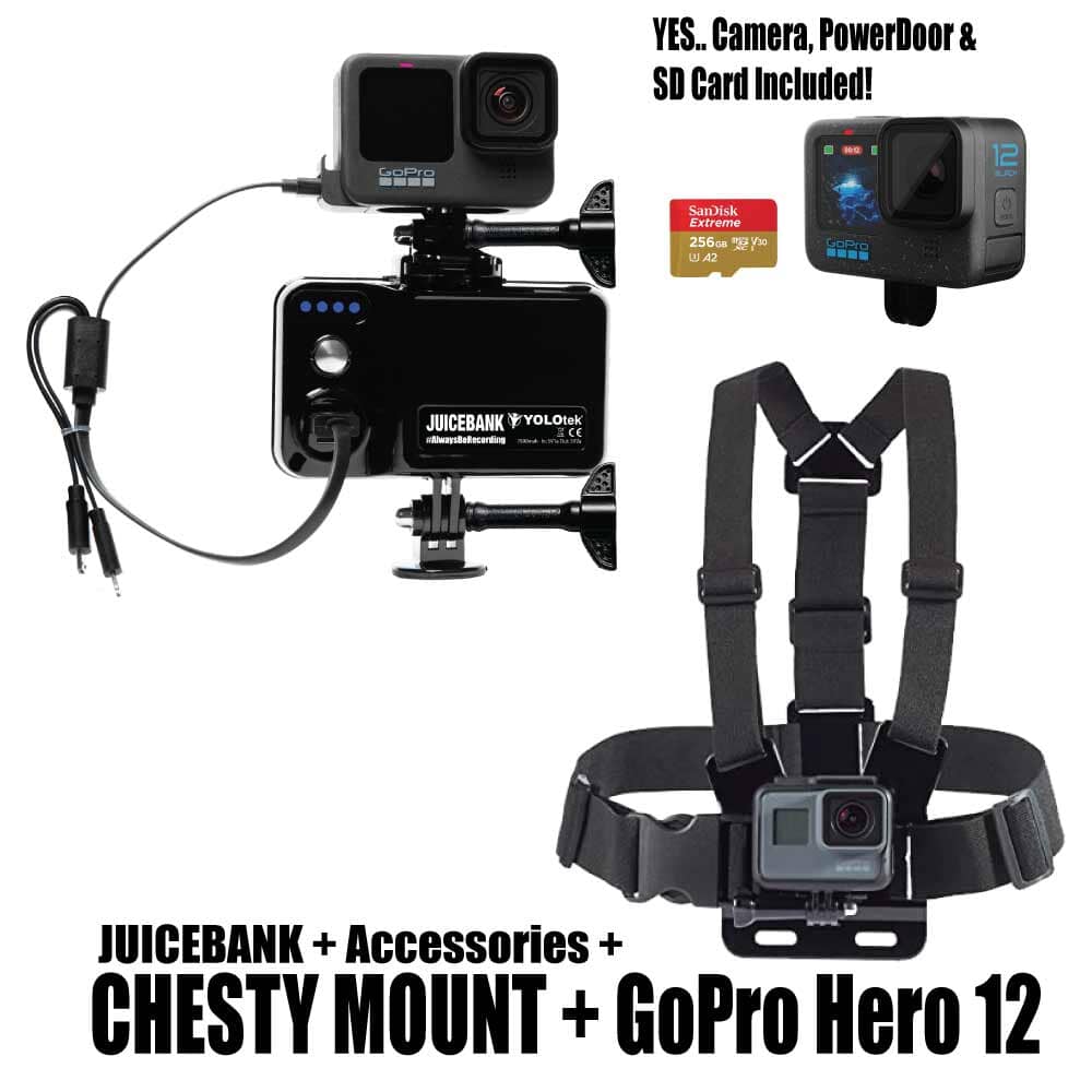 JUICEBANK: GoPro Battery+Mount - YOLOtek GP5-JUICEBANK + Chesty Mount + GoPro Hero 12 w/256gb SDCard ~
