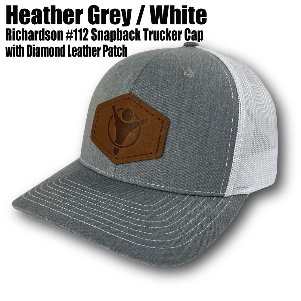 Richardson #112 Hat Heather Gray/White Leather Diamond - YOLOtek RICHARDSON TRUCKERS CAP (SNAPBACK)