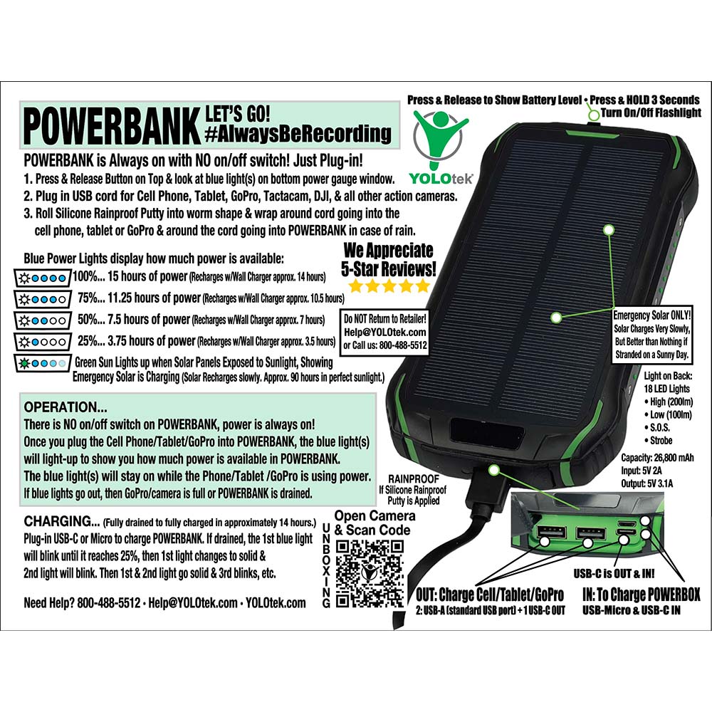 PowerBank (26,800mah lithium-ion Powers GoPro / Camera 15 Hrs.) - YOLOtek ~